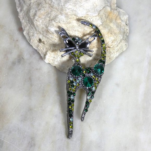 Sparkling Rhinestone Cool Cat, Kewl Kitty - Brooch Pin - with Gifting Box - Picture 6 of 8